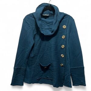 Neon Buddha Teal Cowl Neck Sweater with Button Accents